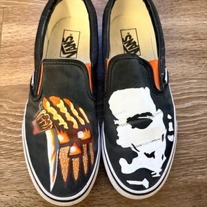 Vans Men's Michael Myers Black and Orange Custom Slip-On Sneakers